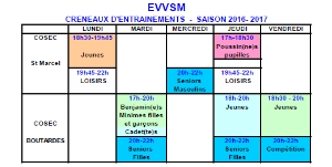 Créneaux des entrainements 2016 – 2017